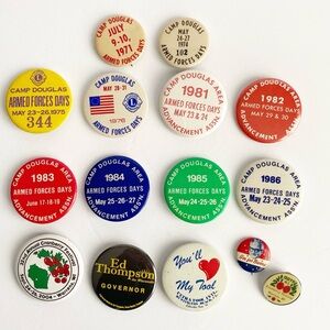 Vintage Armed Forces Day Camp Douglas Wisconsin Pinback Button Lot (15)1971-1986